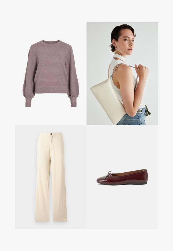 Adīta džemperis mīkstā purpursarkanā krāsā ar apaļu kakla izgriezumu, garām ballonveida piedurknēm, kā arī ribota apakšmalu un aprocēm, piešķirot teksturētu apdari.; Bežīgas, plaša griezuma bikses, izgatavotas no viegla auduma. Ar priekšējo pogu aizdari un taisniem apakšmalēm. Gluda tekstūra ar minimālām šuvēm.; Burgundijas laku ādas baleta kurpes ar noapaļotu purngalu, nelielu loku akcentu priekšā un zemu melnu gumijas zoli. Gluda tekstūra.; Balts taisnstūra clutch soma, izgatavota no spīdīga materiāla, ar sudraba ķēdes siksnu. Modelis pozē, demonstrējot somu uz vienkārša fona.