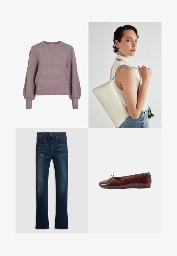 Puhaszálas, lágy lila kötött pulóver, kerek nyakkal, hosszú, ballonujjakkal, bordás alsó résszel és mandzsettákkal a texturált megjelenés érdekében.; Sötétkék farmernadrág egyenes szabású kialakítással, öt zsebes stílussal és enyhe koptatási részletekkel az elején.; Burgundi lakkbőr balettcipő kerek orral, elöl kis masni díszítéssel és alacsony, fekete gumi talppal. Simára csiszolt felület.; Fehér, téglalap alakú, fényes anyagból készült clutch táska, ezüst láncos pánttal. A modell pózol, bemutatva a táskát egy egyszínű háttér előtt.