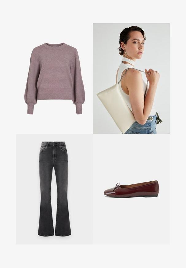 Pulôver de malha em roxo suave, com gola redonda, mangas longas em balão, e bainha e punhos canelados para um acabamento texturizado.; Jeans pretos a boca de sino com cintura alta, detalhes de costura e cinco bolsos. O tecido tem uma textura suave com um acabamento desbotado.; Bailarinas em couro sintético borgonha com bico redondo, pequeno laço na frente e sola baixa em borracha preta. Textura suave.; Bolsa de mão retangular branca, feita de material brilhante, com uma alça em corrente prateada. Modelo posa, exibindo a bolsa contra um fundo simples.