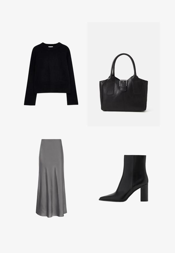 Pull noir court en matière tricotée, avec un col et des poignets côtelés, des manches longues et une coupe décontractée.; Moves HEBRY - Jupe longue - castlerock; Botte chelsea en cuir noir avec un bout pointu, un talon carré, une texture lisse et des détails de couture le long des coutures. Les talons mesurent environ 8,9 cm.; Sac fourre-tout en cuir noir avec une texture lisse, une forme structurée, deux poignées et un détail en boucle argentée proéminent à l'avant.