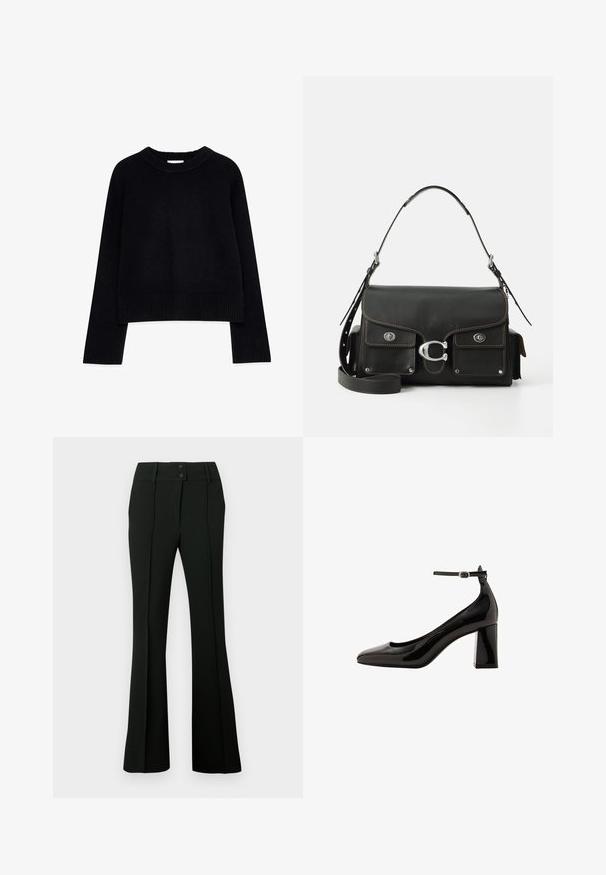 Črn skrajšan pulover iz pletene tkanine, z rebrastim ovratnikom in manšeti, dolgimi rokavi in sproščenim krojem.; Črne hlače z razširjenimi hlačnicami iz gladkega blaga, z visokim pasom z dvema gumboma in sprednjimi gubami, ki ustvarjajo krojen videz.; Črne lakaste čevlje z ankel trakom, sijajne površine, s koničastim nosom in debelim blok peto. Gladka tekstura, minimalni detajli.; Črna usnjena torbica z zapiranjem na pokrov, srebrno strojno opremo, dvema sprednjima žepoma, kontrastnim šivom in snemnim naramnim trakom.