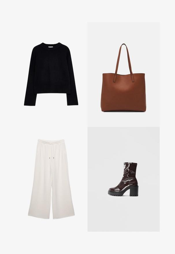 Czarny krótki sweter wykonany z dzianiny, z prążkowanym dekoltem i mankietami, z długimi rękawami i luźnym krojem.; Kremowe spodnie w szerokim kroju wykonane z miękkiego materiału, z elastycznym paskiem w talii, sznurkiem oraz bocznymi kieszeniami. Gładka faktura.; Błyszczące bordowe botki za kostkę z masywną czarną obcasem, charakteryzujące się gładką teksturą i prostym wzornictwem. Brak widocznych zapięć lub wzorów.; Brązowa skórzana torba tote o gładkiej fakturze, z otwartym wierzchem i dwoma ramiączkami. Charakteryzuje się minimalnym przeszyciem i brakiem widocznych elementów metalowych.