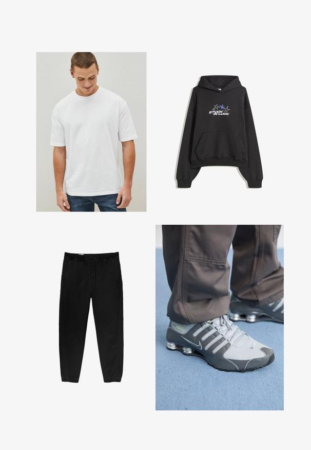 Zwarte hoodie met een voorzak, ribgebreide manchetten en grafische tekst "STUCK IN LUCK" onder vijf sterren, waarvan er één blauw is, op de borst.; Witte katoenen T-shirt met korte mouwen, relaxte pasvorm en ronde halslijn. Geen patronen of accenten, weergegeven met denim jeans.; Zwarte elastische taillebandbroeken met een trekkoord, taps toelopende benen, zijzakken en subtiele stiksels aan de zijkanten. Zachte katoenachtige stof.; Grijze en zilveren Nike Shox sneakers hebben een strakke uitstraling, met een combinatie van mesh en synthetische materialen, een ronde neus en een gevoerde kraag.