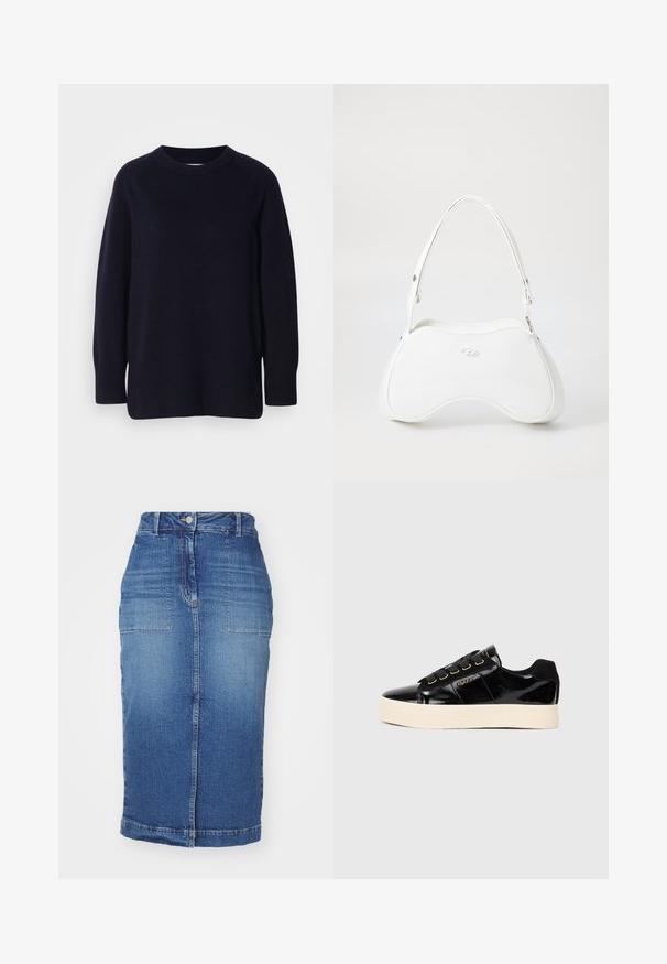 Tmavo námornícky modrý sveter s dlhým rukávom a okrúhlym výstrihom, s mäkkou pletenou textúrou a rebrovanými manžetami a spodným okrajom na svetlom sivom pozadí.; GANT SLIT SKIRT - Puzdrová sukňa - mid blue; Čierne patentové kožené tenisky s plochou krémovou podrážkou. Obsahujú čierne šnúrky, zlaté očká a detail loga na boku. Dizajn s okrúhlou špičkou.; Biela kabelka s hladkým, lesklým povrchom, zakriveným tvarom a jedným nastaviteľným popruhom. Na prednej strane je vyrazené logo.
