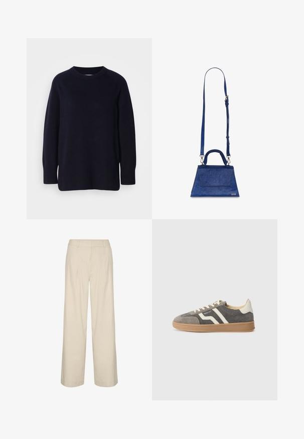 Dunkelmarineblaues Crewneck-Langarmstrickoberteil mit weichem, gestricktem Textil und gerippten Bündchen und Saum vor einem hellgrauen Hintergrund.; Beige weite Hose aus Leinenmischung mit hoher Taille, Falten und glatter Textur. Keine sichtbaren Beschläge oder Muster.; Graue Wildledersneaker mit strukturiertem Obermaterial, ausgestattet mit cremefarbenen Streifen und Schnürsenkeln sowie einer Sohle aus Gummi für besseren Halt. Klassisches sportliches Design.; Blaue Kunstleder-Handtasche mit dreieckiger Form, oberem Griff und verstellbarem Schulterriemen. Sie bietet eine glatte Textur und eine Frontklappe.