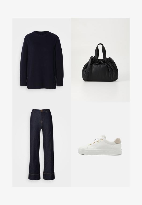 Tumedast mereväest sinine ümarakaelusega pikade varrukatega sviiter pehme kudumise tekstuuri ning soonikkudumisega varruka- ja alumise servaga helesinise tausta ees.; Tumed denim laiadegipüksid kõrge vöökohaga, millel on esine nupuvajutus ja oranžad õmblused. Ühtlane tekstuur kogu ulatuses.; Valged spordijalanõud nahast ülemise osaga, ümmargune varvas, kuldne riistvara ja suede kontsakaunistus. Sisaldab lamepideme ning tekstuurset kummist tallat.; Mustmust mustkott mustrihmaga ülaosa disainiga, millel on kaks lühikest käepidet ja pikk reguleeritav rihm. Sile tekstuur, ümar kuju.