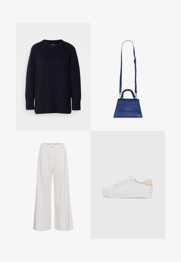 Mørk marineblå crewneck langærmet sweater med en blød, strikket tekstur og ribbede manchetter og kant mod en lys grå baggrund.; Vidde-bukser i blødt hvidt stof, med elastisk talje og snøre, glat tekstur og uden yderligere udsmykninger.; Hvide sneakers med en tekstureret ruskindsfinish, flad sål, gyldne snørehuller og et gyldent detalje på hælen. Enkelt, minimalistisk design.; Blå faux læder håndtaske med en trekantet form, top håndtag og justerbar skulderrem. Har en glat overflade og detaljer med flap foran.