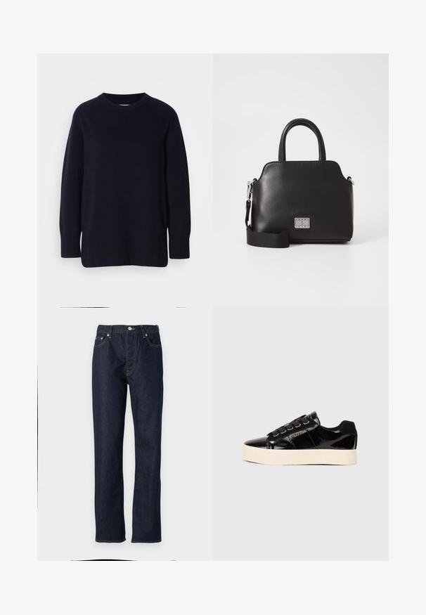 Sötét tengerészkék, crewneck nyakú, hosszú ujjú pulóver puha, kötött textúrával és bordázott mandzsettákkal és aljjal, világosszürke háttér előtt.; Sötétkék farmernadrág egyenes szabással, gombos és cipzáras záródással, öt zsebes kialakítással és kontrasztos varrási részletekkel.; Fekete patkó bőr sportcipők lapos krém színű talppal. Fekete fűzőkkel, arany szemekkel és logó részlet az oldalon. Lekerekített orrformával.; Fekete szintetikus kézitáska, felső fogantyúkkal, levehető vállpánttal, kerek formával, sima textúrával és ezüst logóval az elején.