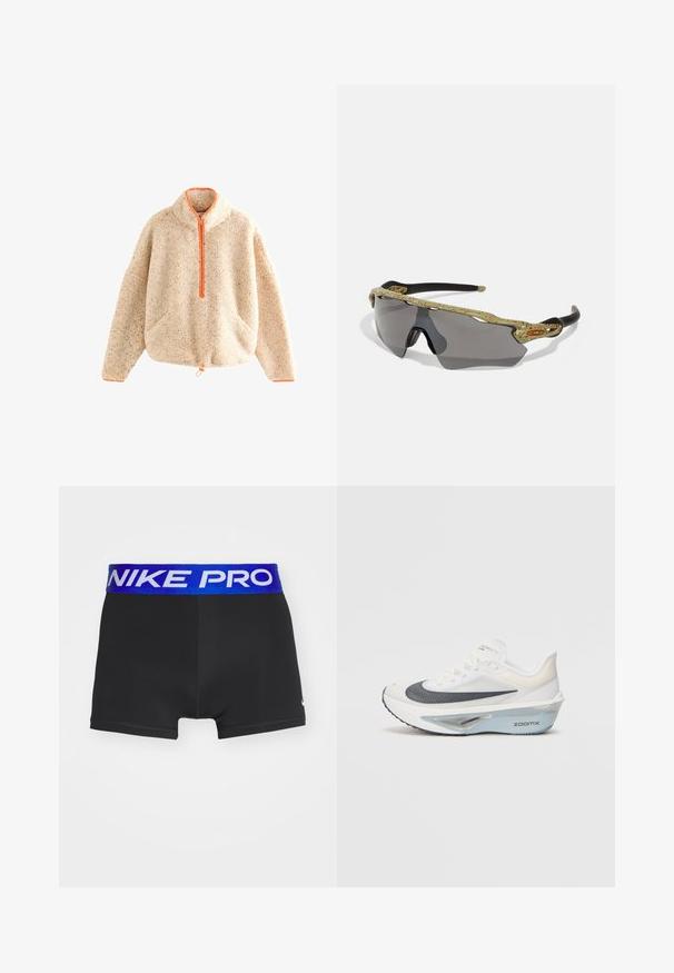 Szöszös bézs pulóver, narancssárga cipzárral, állógallérral, két elülső zsebbel és húzózsinóros alsó résszel. Puha tapintású, foltos részletekkel.; Fekete sportnadrág széles kék elasztikus derékkal, amelyen fehér színnel szerepel a "NIKE PRO" felirat. Sima anyag, testszlére szabott kialakítás, térd feletti hossz.; Fehér futócipő légáteresztő hálós felsőrésszel, kék akcentussal és egy különleges középtalpkialakítással, amely látható párnázási rendszert tartalmaz.; Zöld mintás kerettel, fekete szárakkal és szürke lencsékkel rendelkező sport napszemüveg. A dizájn körbeölelő stílust és merész, sportos formát mutat.