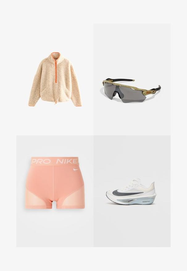 Chlpatý béžový pulóver so zipsom v oranžovej farbe, s doplnkovým golierom, dvoma prednými vreckami a stiahnutým lemom. Mäkka textúra so škvrnkovým detailom.; Svetlé broskyňové kompresné šortky s širokým elastickým pásom, na ktorom je značka "PRO" a "NIKE", a sieťovými bočnými panelmi pre lepšiu priedušnosť.; Biele bežecké tenisky s priedušným vrchným dielom z mäkkej sieťoviny, modrými akcentmi a jedinečným dizajnom medzičlánku so zjavnou tlmiacou sústavou.; Športové slnečné okuliare so zeleným vzorovaným rámom, čiernymi stranami a šedými šošovkami. Dizajn obsahuje okrúhly štýl s odvážnym, športovým tvarom.