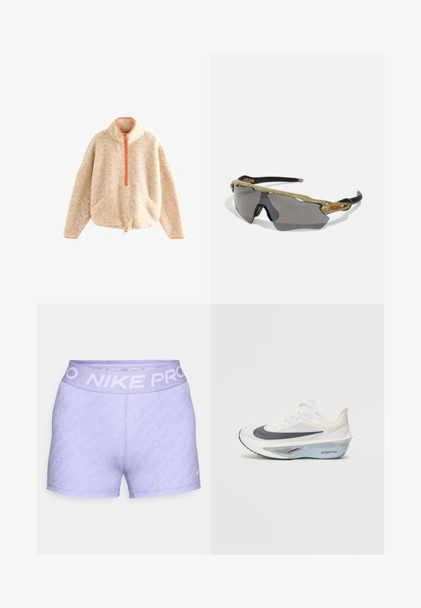 Szöszös bézs pulóver, narancssárga cipzárral, állógallérral, két elülső zsebbel és húzózsinóros alsó résszel. Puha tapintású, foltos részletekkel.; Világoslila Nike Pro rövidnadrág, textúrált bordázott dizájnnal, rugalmas derekú, fehér színű márkanevével, valamint steppelt szegélyrészletekkel.; Fehér futócipő légáteresztő hálós felsőrésszel, kék akcentussal és egy különleges középtalpkialakítással, amely látható párnázási rendszert tartalmaz.; Zöld mintás kerettel, fekete szárakkal és szürke lencsékkel rendelkező sport napszemüveg. A dizájn körbeölelő stílust és merész, sportos formát mutat.