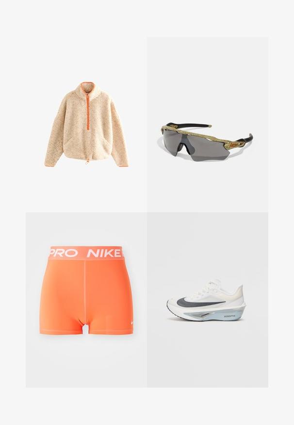 Zatočen brezrokavnik v bež barvi z oranžnim zadrgo, z naramnicami, dvema sprednjima žepoma in vrvico na robu. Mehak material z pikčasto podrobnostjo.; Nike Pro kratke hlače v svetlo oranžni barvi. Narejene so iz gladkega, raztegljivega materiala z belim logotipom in besedilom na pasu. Imajo minimalističen dizajn.; Bela tekaška obutev z zračnim mrežastim zgornjim delom, modrimi poudarki in izrazitim dizajnom srednjega dela, ki vključuje vidni sistem oblazinjenja.; Športne sončna očala z okvirjem z zelenim vzorcem, črnimi ročaji in sivimi lečami. Oblika vključuje zavit stil z drznimi, športnimi linijami.