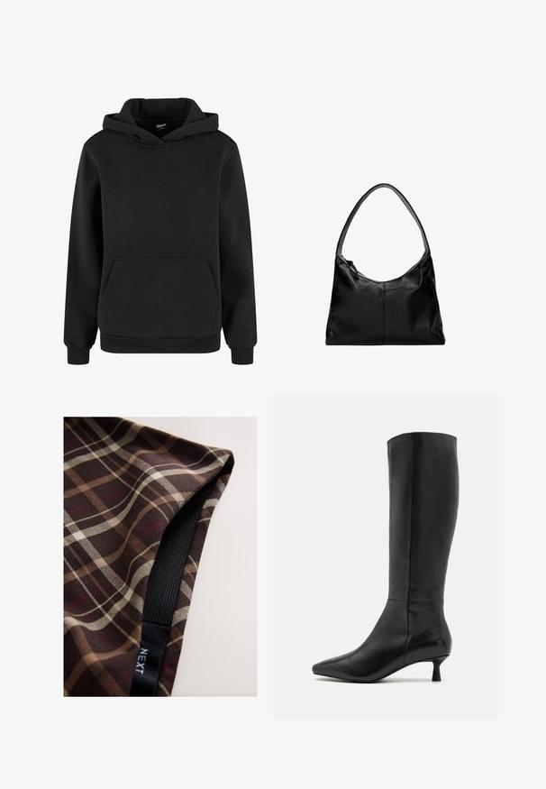 Černá mikina vyrobená z měkkého materiálu, s klokankovou kapsou, žebrovanými manžetami a kapucí na stažení. Jednoduchý, minimalistický design.; Hnědá károvaná látka s bílými a béžovými liniemi, hladká na omak, s černou elastickou páskou přišitou podél okraje.; Zign Vysoká obuv - black; Černá kožená kabelka na rameno s hladkým povrchem, zakřiveným vrškem a jedním popruhem. Disponuje zipovým zavíráním a minimalistickým designem.