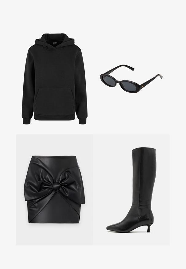 Črna kapuca izdelana iz mehkega materiala, s kenguru žepom, rebrastimi manšetami in kapuco na vrvico. Preprost, minimalističen dizajn.; Crna mini suknja od umjetne kože s velikim prednjim mašnom, glatkom teksturom i strukturiranim siluetom s detaljima nabora.; Zign Škornji - black; Črne oversize sončne očala z ovalnimi lečami, gladkim plastičnim okvirjem in zlatenimi detajli na templjih. Temne leče zagotavljajo zaščito pred soncem.