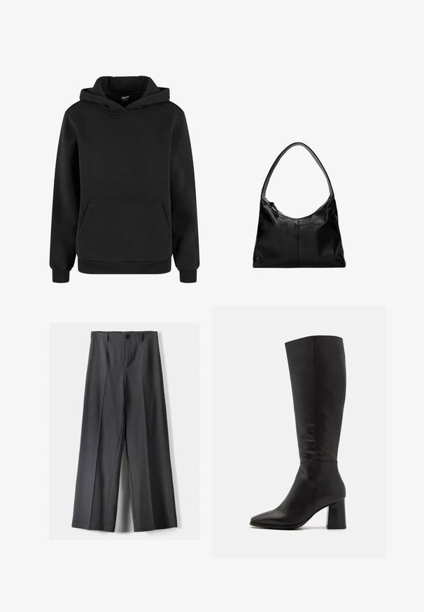 Mustat hupparit, jotka on valmistettu pehmeästä kankaasta, jossa on kengurupussi, ribbikuvioidut hihansuut ja säädettävä huppu. Yksinkertainen, minimalistinen muotoilu.; Housut, joissa on leveät lahkeet tummanharmaasta kankaasta. Varustettu napin sulkemisella, etupleiteillä ja vyölenkeillä. Sujuva rakenne ja räätälöity muotoilu.; Musta polvipituinen saapas, joka on valmistettu sileästä nahasta. Ominaisuudet: terävä kärki ja paksu, teksturoitu saapaskorko. Vähäiset ompeluyksityiskohdat.; Musta nahkainen olkalaukku, jossa on sileä pinta, kaareva yläosa ja yksi olkahihna. Varustettu vetoketjukiinnityksellä ja minimalistisella muotoilulla.