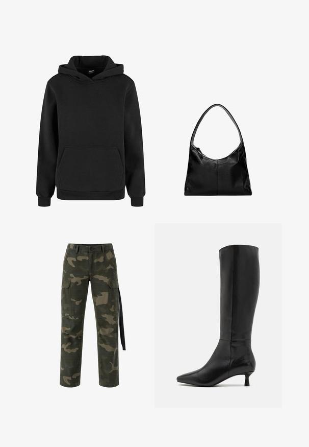 Čierna mikina s kapucňou vyrobená z mäkkej tkaniny, má klokaní vrecko, rebrované manžety a kapucňu s šnúrkou. Jednoduchý, minimalistický dizajn.; Zelené kárované cargo nohavice s svetlo béžovými vzormi, ktoré majú bočné vrecká, zapínanie na gombík a čierny látkový detail v páse.; Zign Čižmy - black; Čierna kožená taška cez rameno s hladkou textúrou, zakrivenou hornou časťou a jedným popruhom. Má zipsové uzatváranie a minimalistický dizajn.