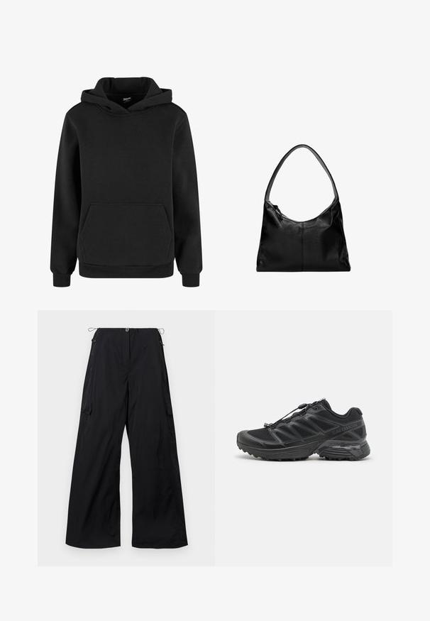 Crna dukserica napravljena od mekanog materijala, sa kenguruvim džepom, rebrastim manžetama i kapuljačom sa pertlama. Jednostavan, minimalistički dizajn.; Široke crne hlače od laganog materijala, s prednjim gumbom, elastičnim pojasom s vezicom i detaljem bočne cargo džepa.; Crne trkačke cipele s mrežastim i sintetičkim gornjim dijelom, fleksibilnom potplatom i elastičnim vezicama. Imaju podstavljeni srednji potplat za udobnost.; Crna kožna torba za rame s glatkom teksturom, zakrivljenim vrhom i jednim remenom. Ima zatvaranje na patentni zatvarač i minimalistički dizajn.