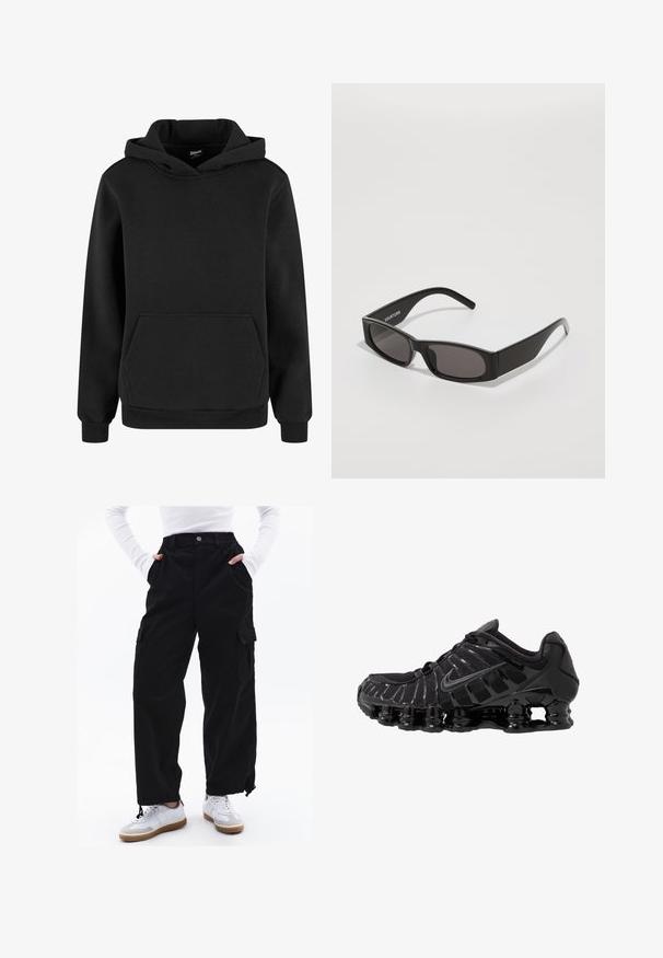 Czarna bluza z kapturem wykonana z miękkiego materiału, z kieszenią typu kangur, ściągaczami przy mankietach i kapturem ze sznurkiem. Prosty, minimalistyczny design.; Czarne spodnie cargo o prostym kroju, z elastycznym pasem, bocznymi kieszeniami iściągaczami na nogawkach do regulacji.; Czarne buty sportowe z siateczkową cholewką i połyskującymi detalami. Posiadają wyprofilowane poduszki pod nogami i teksturowane linie po boku. Widoczna logo Nike.; Czarne prostokątne okulary przeciwsłoneczne z ciemnymi soczewkami, gładką plastikową oprawką oraz subtelnym logo na lewej oprawce. Minimalistyczny design.; Czarna skórzana torba na ramię o gładkiej fakturze, zaokrąglonym wierzchu i pojedynczym pasku. Posiada zamek błyskawiczny i minimalistyczny design.
