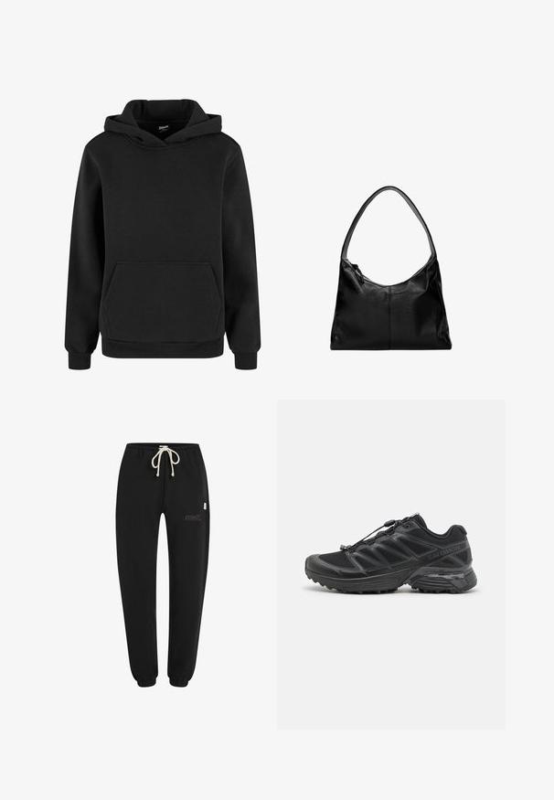 Schwarzer Hoodie aus weichem Stoff mit einer Kängurutasche, gerippten Bündchen und einer Kapuze mit Kordelzug. Einfaches, minimalistisches Design.; Schwarze Jogginghose aus weichem Stoff, mit einem elastischen Bund und Kordelzug, elastischen Bündchen und einem kleinen gestickten Logodetail.; Schwarzer Laufschuh mit Obermaterial aus Mesh und Synthetik, flexibler Sohle und elastischen Schnürsenkeln. Verfügt über eine gepolsterte Zwischensohle für zusätzlichen Komfort.; Schwarze Leder-Umhängetasche mit glatter Textur, geschwungenem oberen Rand und einem einzigen Tragegurt. Sie verfügt über einen Reißverschluss und ein minimalistisches Design.