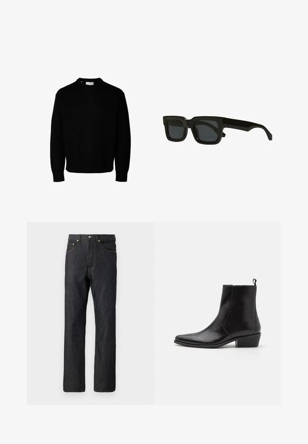 Pullover nero lavorato a maglia con collo rotondo, maniche lunghe e polsini e orlo a costine. Caratterizzato da una texture morbida e una vestibilità classica.; Camicia bianca a maniche lunghe con bottoni, caratterizzata da un sottile motivo a righe, colletto classico e orlo arrotondato. Realizzata in tessuto leggero.; Jeans in denim blu scuro con un design a gamba dritta. Presentano cinque tasche, cuciture arancioni e una chiusura a bottone in vita.; Zign LEATHER - Stivaletti texani / biker - black; Occhiali da sole rettangolari neri con lenti scure, montatura in plastica spessa e aste dritte. Presentano una finitura opaca e un design minimalista.