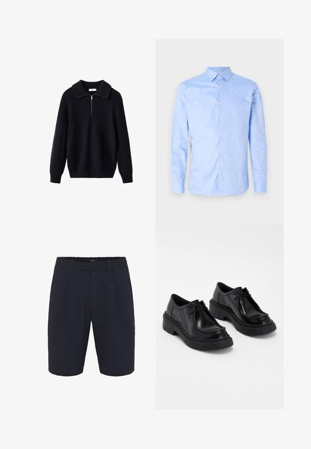Černý pletený svetr s ribbed texturou, širokým límcem a předním zipem do půlky. Dlouhé rukávy a volný střih.; Světle modrá košile na knoflíky s dlouhými rukávy, špičatým límečkem a bílými knoflíky. Má vzorovaný límec uvnitř. Hladká struktura látky.; Námořnické tkané kraťasy s texturovanou látkou, mají volný střih, elastický pás a přední sklady. Jednoduchý design bez kapes.; Černé kožené boty s kulatou špičkou, šněrovacím designem a texturovanou černou gumovou podrážkou, s kontrastním švem podél okrajů.