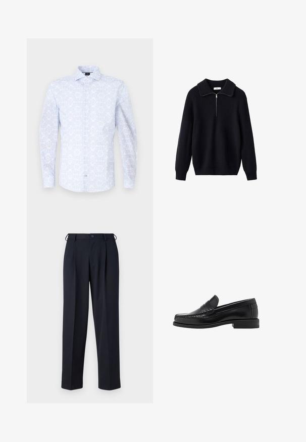 Zwarte gebreide trui met een ribbelstructuur, een brede kraag en een ritssluiting tot de helft aan de voorkant. Lange mouwen en een relaxte pasvorm.; Lichtblauw overhemd met lange mouwen en een bloemenpatroon, gemaakt van glad stof. Heeft een puntige kraag en een knoopsluiting aan de voorkant.; Navyblauwe broeken gemaakt van een gladde stof, met een rechte snit, geplooide voorkant en een knoopsluiting bij de taille.; Zwarte leren instappers met een gladde afwerking, gestikte details op de neus en een lage hakontwerp voor comfort en stijl.