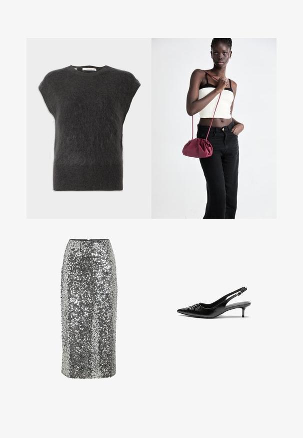 Mørkegrå, kortermet genser laget av mykt, lodden materiale. Rund hals med minimale sømmer og en avslappet passform.; Sølvfarget paljett blyantskjørt med figurnær passform, knelengde og glatt tekstur. Har en skjult glidelås bak.; Sorte skinnert remsandaler med spiss tå, liten kittenhæl og en dekorativ knute detalj foran. Glatt tekstur gjennom hele.; Burgunderfarget myk stoffhåndveske med en samlet design og en lang stropp, båret som en crossover. Modellen har på seg en hvit crop-top og svarte jeans.