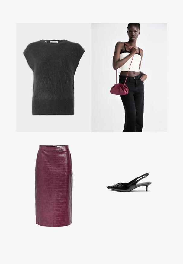 Dark grey, short-sleeved sweater made of soft, fuzzy material. Rounded neckline with minimal seams and a relaxed fit.; Burgundy faux leather pencil skirt with an alligator texture, featuring a back zip closure and side slits for ease of movement.; Black leather slingback heels with a pointed toe, small kitten heel, and a decorative knot detail on the front. Smooth texture throughout.; Burgundy soft fabric handbag with a gathered design and a long strap, worn crossbody. Model wears a white crop top and black jeans.