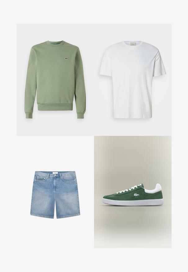 Svijetlozelena dukserica izrađena od mekanog materijala. Ima okrugli izrez, rebraste manžete i mali izvezeni logo na prsima.; Bijela kratka majica s okruglim izrezom i kratkim rukavima s vidljivom Calvin Klein etiketom unutar ovratnika, prikazana na neutralnoj pozadini.; Svijetloplave traper šortseve ravnog kroja s pet džepova, suptilnim izblijeđenjem i oznakom na pojasu branda. Pamuk s klasičnim šavovima.; Niske zelene suede tenisice s bijelim vezicama, bijelim potplatom, podstavljenim ovratnikom i vezom s robotom krokodilom i natpisom "EST. 1933".