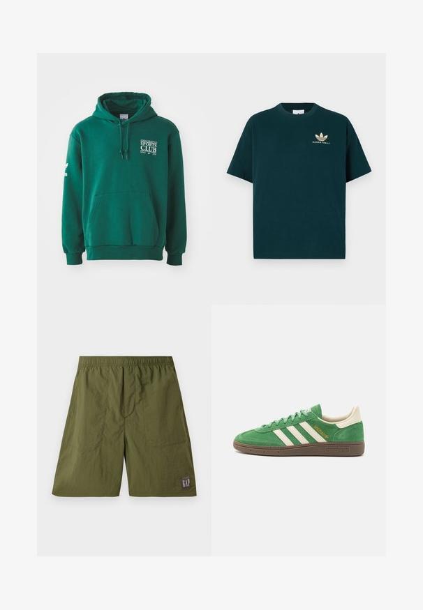 Zelená mikina z mäkkej látky, ktorá má klokanie vrecko, kapucňu so šnúrkami a biely text s logom na hrudi a rukáve.; Tmavozelené bavlnené tričko s okrúhlym výstrihom, krátkymi rukávmi a zlatou potlačou loga so tromi listami a slovom "BASKETBALL."; Zelené nylonové šortky s elastickým pásom, dvoma bočnými vreckami a nášivkou s nápisom "GAP" na bielom pozadí, ktorá je umiestnená na tmavošedých nótoch.; Zelené semišové tenisky s bielym trojpruhovým dizajnom, krémovými akcentmi a hnedou textúrovanou podrážkou. "SPEZIAL" vyšitý zlatom po boku.