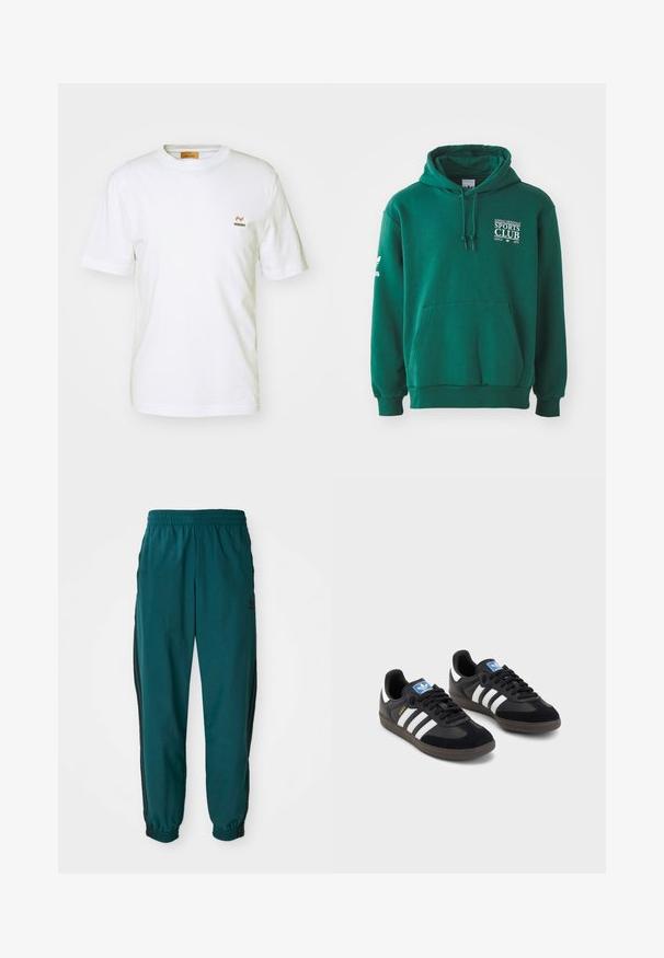 Fato de treino verde feito de tecido suave, com um bolso canguru, capuz ajustável e logótipo em texto branco no peito e na manga.; T-shirt branca de algodão com mangas curtas, decote redondo e um pequeno logótipo multicolorido da Missoni no lado esquerdo do peito.; Calças de treino em teal com cintura ajustável por cordão, punhos elásticos e riscas pretas laterais. Fabricadas em tecido leve, apresentam um logótipo perto do quadril.; Sneakers pretos com parte superior em camurça e sintético, apresentando três riscas brancas, sola de borracha texturizada e etiqueta azul no linguete.