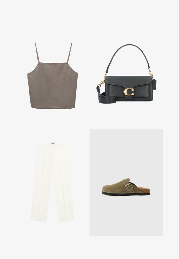 Krémový svetr s námořnickými horizontálními pruhy, ribbovanou strukturou, kulatým výstřihem a dlouhými rukávy. Uvolněný střih s cropped designem.; Šedý bezrukávový top s tenkými ramínky, volného střihu, vyrobený z lehké látky. Hladká textura s jemným leskem.; Bílé kalhoty s širokými nohavicemi z hladké tkaniny, s dvěma předními kapsami a plochým designem vpředu. Čisté linie bez viditelných vzorů.; Olivově zelené zakřivené dřeváky s nastavitelným popruhem a čtvercovou přezkou, korková stélka a černá gumová podrážka. Zaoblený tvar špičky.; Černá kožená kabelka se zlatým kováním, s podpisovým zapínáním, odnímatelným ramenním popruhem a texturovaným povrchem.