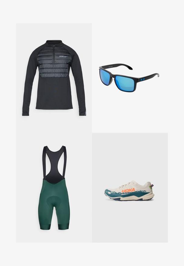 Čierny pulóver s dlhými rukávmi a zipsom na golieri; má prešívanú puffer prednú časť; logo "SPURS" a Nike vo svetlomodrej farbe na prednej strane.; Krátky rukáv, svetlozelené tričko vyrobené z bavlny. Obsahuje náprsné vrecko a malú nálepku pri vrecku. Mäkkučký materiál, jednoduchý dizajn.; Zelené cyklistické šortky s čiernymi ramienkami, s polstrovanou chamois oblastou a hladkým povrchom. Dizajn obsahuje sieťovinový chrbát pre ventiláciu.; Ľahká bežecká obuv v smotanovej a tyrkysovej farbe s oranžovým logom. Vyniká textúrovaným zvrškom, polstrovaným golierom a robustnou podrážkou pre trakciu.; Štýlové čierne slnečné okuliare s modrými zrkadlovými šošovkami, štvorcovými rámami a modrým akcentom na spánku. Vyrobené z ľahkého plastového materiálu.