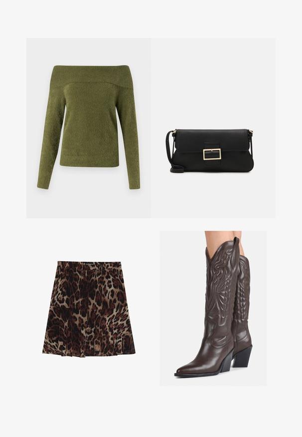 Pull en olive décolleté, à manches longues, confectionné dans un tissu doux et texturé avec un col côtelé et un corps lisse.; Jupe midi à imprimé léopard avec un design plissé, présentant une couleur de base beige avec des taches marron foncé et noires. Taille élastique pour un ajustement parfait.; Bottes de cowboy en cuir marron avec un bout pointu et un talon bloc, présentant des coutures détaillées et des accents en relief sur la tige.; Pochette en cuir noir avec un rabat et un détail en boucle en métal doré. Inclut une sangle noire et un design épuré et minimaliste.; Boucles d'oreilles en argent en forme de créoles avec un design torsadé, dotées d'une finition polie et d'une fermeture à poussoir. Mesurent environ 3 cm de diamètre.