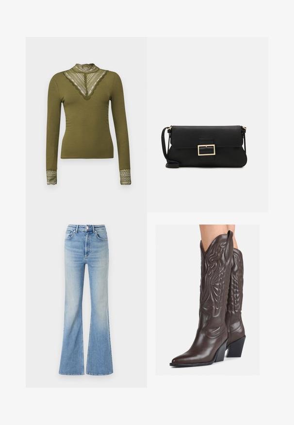 Sweter odsłonięty na ramionach, z długimi rękawami w oliwkowym kolorze, wykonany z miękkiego, teksturowanego materiału z prążkowanym dekoltem i gładką częścią ciała.; ONLY ONLTILDE khaki; Jasnoniebieskie dżinsy w kształcie dzwonów, wykonane z denimu, z wysokim stanem, pięcioma kieszeniami i delikatnym gradientowym blaknięciem w kierunku dołu nogawki.; Brązowe skórzane kowbojki z noskiem w kształcie migdała i blokowym obcasem, z detalicznym przeszyciem i podniesionymi akcentami na cholewce.; Czarna skórzana torebka kopertowa z klapką i detalem w postaci złotej metalowej klamry. Zawiera czarny pasek oraz elegancki, minimalistyczny design.; Srebrne kolczyki w kształcie obręczy z skręconym wzorem, z polerowanym wykończeniem i zapięciem na sztyft. Mają średnicę około 3 cm.