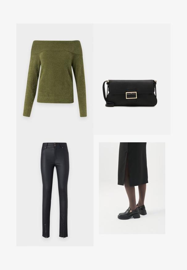 Pulover z dolgimi rokavi, prerezan nad rameni, v olivno zeleni barvi, izdelan iz mehke, teksturirane tkanine z rebrastim ovratnikom in gladkim telesom.; Črne skinny hlače iz umetnega usnja z dvema sprednjima žepoma, dvojnim gumbom in zadrgama na gležnjih za prilagodljivo prileganje. Gladka tekstura po vsej površini.; Črne usnjene čevlje s zaobljenim prstom, debelim blokastim petama in elastičnimi stranskimi detajli, v kombinaciji s temno nogavicami in črno krilo z razporkom.; Črna usnjena torbica na preklop z zlato kovinsko zaponko. Vključuje črn trak in eleganten, minimalističen dizajn.; Srebrne uhane v obliki obroča z minimalističnim dizajnom. Krožna oblika, gladka tekstura in tanek profil. Lahki s poliranim zaključkom.