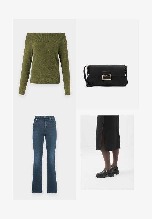 Olkan valot tuvasta, pitkähihainen vihreä neule, joka on valmistettu pehmeästä, teksturoidusta kankaasta, jossa on ribatty kaula-aukko ja sileä vartalo.; Tummansiniset levenevät farkut, jotka on valmistettu denimmateriaalista. Ominaisuuksiin kuuluu korkea vyötärö, kaksi etutaskua sekä klassinen viiden taskun muotoilu nappisuljenta. ; Mustat nahkakengät pyöreällä kärjellä, paksulla lohkopohjalla ja joustavilla sivuakkesseilla, yhdistettynä tummiin sukkahousuihin ja mustaan hameeseen, jossa on halkio.; Musta nahkainen kynäpenkkilaukku, jossa on läppä ja kultainen metallinen solkiyksityiskohta. Mukana musta hihna ja tyylikäs, minimalistinen muotoilu.