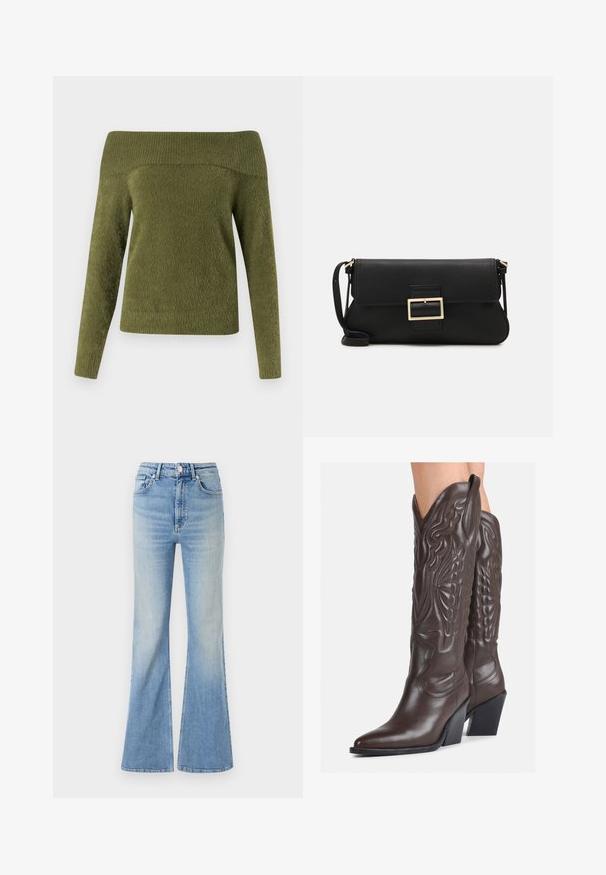 Off-the-shoulder, long-sleeve sweater in olive green, crafted from soft, textured fabric with a ribbed neckline and smooth body.; Light blue flared jeans made of denim, featuring a high waist, five-pocket design, and subtle gradient fading towards the hem.; Brown leather cowboy boots with pointed toe and block heel, featuring detailed stitching and raised accents on the shaft.; Black leather clutch bag with a flap and a gold metal buckle detail. Includes a black strap and a sleek, minimalist design.; Gold hoop earrings with a smooth, shiny finish. Circular design featuring a small post and clear backing for secure wear.