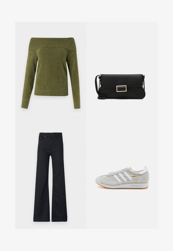 Schulterfreier, langärmeliger Pullover in Olivgrün, gefertigt aus weichem, strukturiertem Stoff mit einem gerippten Ausschnitt und glattem Körper.; Schwarze Bootcut-Jeans aus Denim mit hoher Taille, fünf Taschen und dezenten Steppnähten. Strukturierter Stoff mit glatter Oberfläche.; Hellgraue Sneaker aus Wildleder und Mesh, mit drei weißen Streifen, runder Zehenpartie und einer Sohle aus Gummi. Goldenes Logo-Detail nahe der Schnürsenkel.; Schwarze Leder-Clutch mit Klappe und goldfarbenem Metallschnallen-Detail. Enthält einen schwarzen Riemen und ein schlankes, minimalistisches Design.; Silberne Creolen mit gedrehter Gestaltung, ausgestattet mit einer polierten Oberfläche und einer Steckverschluss. Sie haben einen Durchmesser von ca. 3 cm.