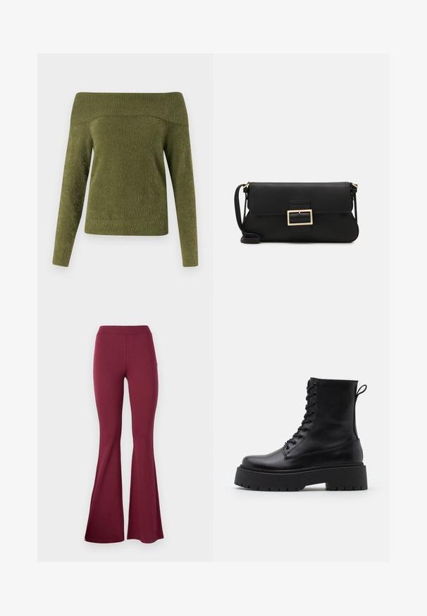 Olive zöld, vállnál nyitott, hosszú ujjú pulóver, puha, texturált anyagból készült, bordázott nyakkivágással és sima testtel.; Burgundi színű, bővülő leggings rugalmas anyagból. Magas derékkal rendelkezik, sima tapintású, a szárak alján szélesebb lefele való bővítéssel.; Fekete bőr bokacsizma, kerek orral, fűzős elülső résszel és vastag, texturált gumitalppal. Húzófül hátul.; Fekete bőr kézitáska hajtóka részlettel és aranyszínű fém csattal. Tartalmaz egy fekete pántot és egy letisztult, minimális dizájnt.