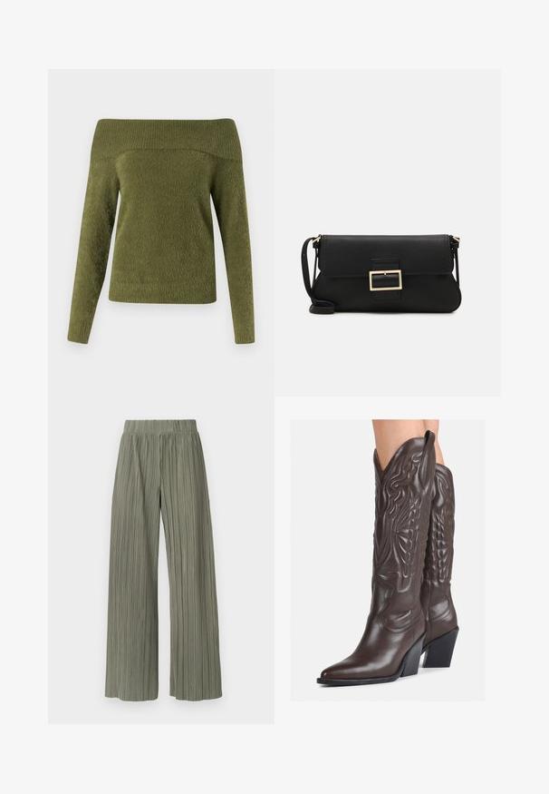 Off-shoulder, langermet genser i olivengrønn, laget av mykt, strukturert stoff med ribbestrikket halslinning og glatt kropp.; Grønne, plisserte bukser med vid ben, elastisk linning, med vertikale folder og en myk tekstur. Stoffet har et glatt, flytende utseende.; Brune skinncowboystøvler med spiss tå og blokkhelt, med detaljerte sømmer og hevede detaljer på skaftet.; Svart lær clutch-veske med klaff og detalj i gullmetall. Inkluderer en svart stropp og et strømlinjeformet, minimalistisk design.