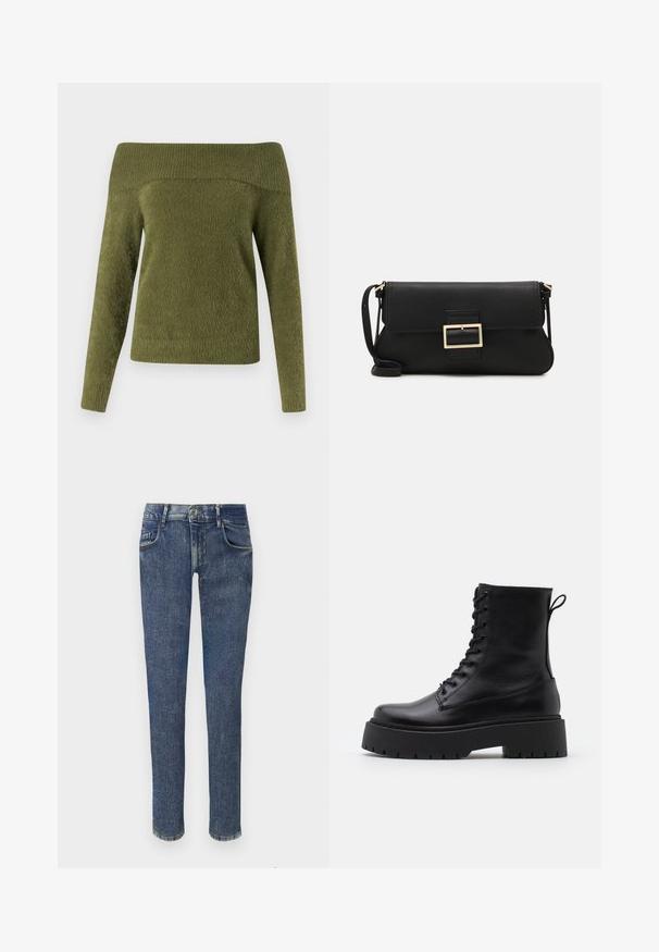 Džemperis ar atklātām plecu daļām un garām piedurknēm olīvu zaļā krāsā, izgatavots no mīksta, teksturēta auduma ar ribota tipa apkakli un gludu ķermeni.; Izbalējuši zila denima džinsi ar šahtu piegriezumu, vidēji augstu jostasvietu, piecām kabatām un ar rāvējslēdzēju aizdari. Iezīmējas ar smalku nodilušanu un šuvju detaļām.; Melni ādas potītēm zābaki ar apļveida purngalu, auklām priekšpusē un biezu gumijas zoli ar teksturētu protektoru. Velkšanas cilpa aizmugurē.; Melnas ādas saķeres soma ar atloku un zelta metāla sprādzi. Ietver melnu siksnu un elegantu, minimālistisku dizainu.