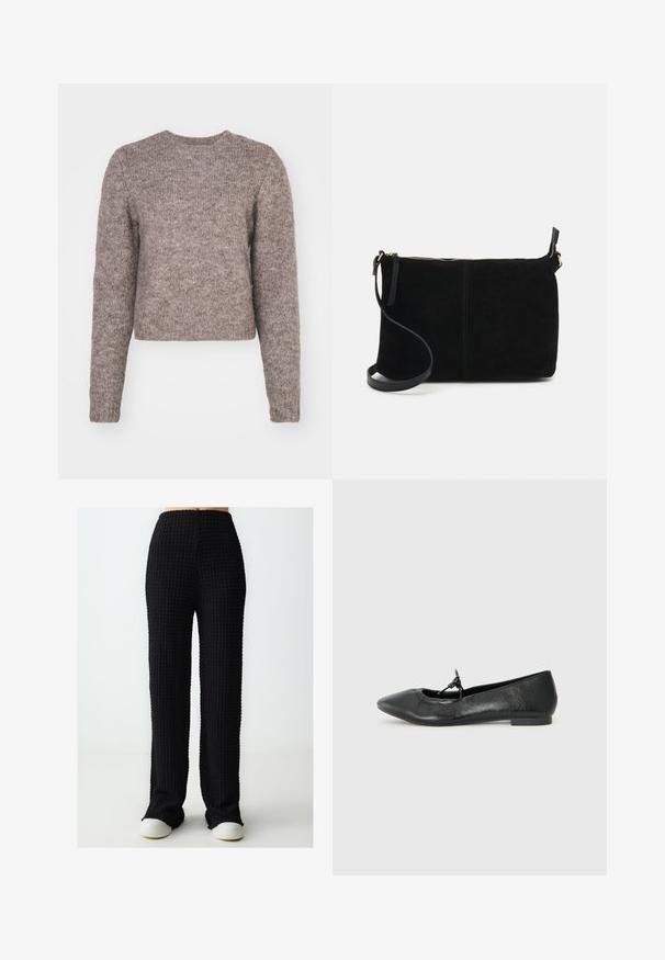 Pull à manches longues de couleur marron clair, court, avec un col rond et un tissu tricoté texturé. Pas de motifs visibles ni de détails matériels.; Pantalons noirs, texturés, à jambes larges avec une taille haute et une ceinture élastique. Le tissu présente un motif en grille. Stylisés avec des baskets blanches.; Ballerines en cuir noir avec un bout pointu, une surface texturée et un petit nœud décoratif sur le devant. Talon bas et plat.; Sac en cuir suede noir à bandoulière avec fermeture éclair, design rectangulaire plat et une sangle amovible pour plus de polyvalence. Texture lisse, style minimaliste.