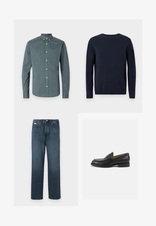 Maglione lavorato a maglia blu navy con maniche lunghe, scollatura a girocollo e polsini e orlo a coste. Presenta un piccolo logo sul petto.; Camicia button-up in verde scuro, maniche lunghe, colletto button-down, taschino singolo sul petto, con bottoni bianchi e tessuto testurizzato.; Jeans in denim blu scuro con vestibilità dritta, cinque tasche, passanti per cintura e zip frontale. Tessuto liscio con dettagli di sfumatura discreti.; Mocassini in pelle nera con finitura liscia, punta arrotondata e cuciture decorative sulla tomaia. Tacco basso impilato e leggero lucido.