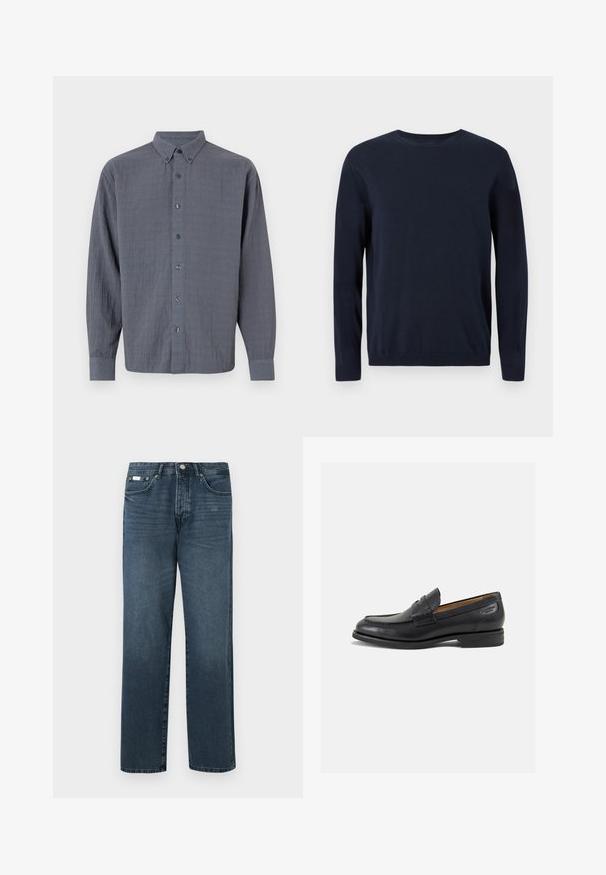 Pull en maille bleu marine à manches longues, col rond, avec des poignets et un ourlet côtelés. Présente un petit logo sur la poitrine.; Chemise grise à boutons, à manches longues, en tissu texturé, avec un col classique et six boutons sur le devant.; Jean en denim bleu foncé avec une coupe droite, cinq poches, passants de ceinture et fermeture à glissière. Texture lisse avec des détails de décoloration subtils.; Mocassins en cuir noir avec une finition lisse, bout rond et coutures décoratives sur la tige. Talon bas empilé et léger brillant.