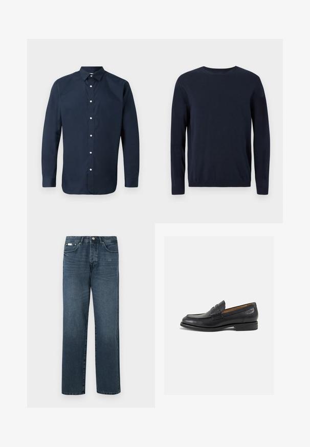 Námornícky modrý pletený sveter s dlhými rukávmi, okrúhlym výstrihom a rebrovanými manžetami a lemom. Obsahuje malé logo na hrudi.; Námornícky modrá košeľa s dlhým rukávom vyrobená z hladkej bavlny, so širším golierom, predným zapínaním na gombíky a gombíkovými manžetami. Bez viditeľných vzorov.; Tmavomodré denimové džínsy so strihom rovného strihu, piatimi vreckami, pútkami na opasok a zipsom. Hladká textúra s jemnými efektmi vyblednutia.; Čierne kožené mokasíny s hladkým povrchom, zaoblenou špičkou a dekoratívnym prešívaním na prednej časti. Nízky kokteilový opätok a jemný lesk.