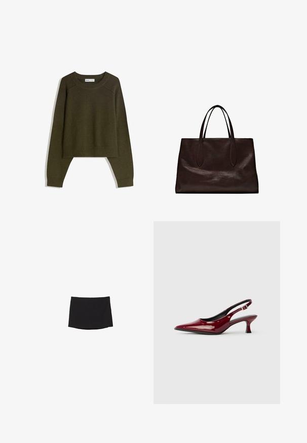 Olivgrüner, kurz geschnittener Pullover aus einem weichen, strukturierten Stoff. Verfügt über lange Ärmel und einen abgerundeten Halsausschnitt mit gerippten Details am Saum.; Schwarzer Minirock aus glattem, dehnbarem Stoff; mit geradem Schnitt, subtilem Saum und ohne sichtbare Verschlüsse oder Muster.; Burgunderfarbene Lackleder Slingback-Absätze mit spitzem Zehenbereich und schlankem Stiletto-Absatz. Offenes Rückendesign mit verstellbarem Knöchelriemen.; Massimo Dutti Handtasche - brown