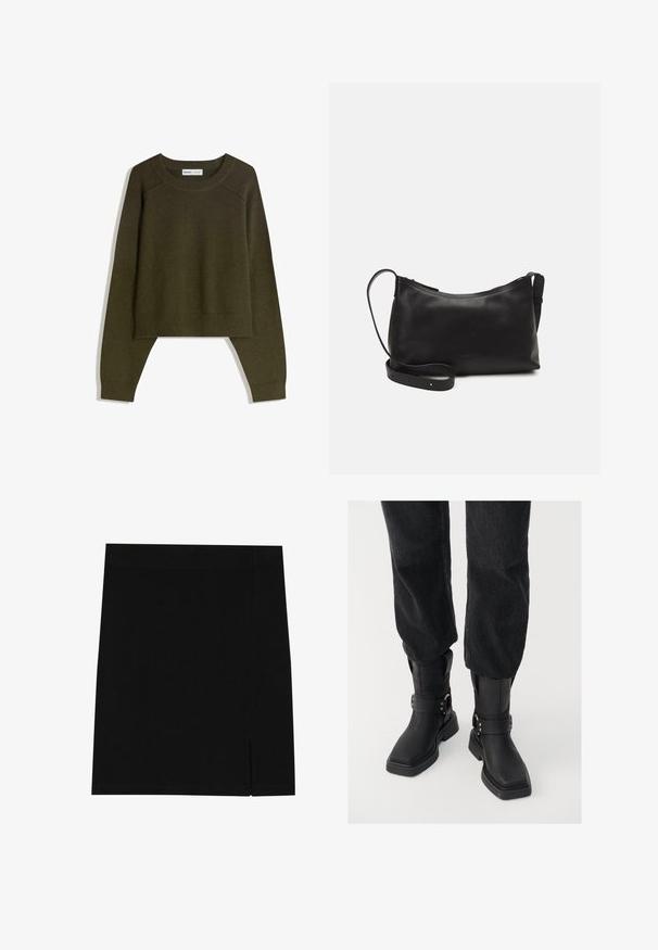 Olivgrüner, kurz geschnittener Pullover aus einem weichen, strukturierten Stoff. Verfügt über lange Ärmel und einen abgerundeten Halsausschnitt mit gerippten Details am Saum.; Schwarzer Minirock aus weichem Stoff mit figurbetontem Design, ausgestattet mit einem leichten Schlitz an der Seite für zusätzlichen Details.; Schwarze Leder-Stiefeletten mit eckiger Zehenpartie, ausgestattet mit einem breiten Riemen und metallischem Schnallen-Detail. Die Stiefel haben eine klobige Sohle und eine glatte Textur.; Schwarze Ledertasche für die Schulter mit glatter Textur, geschwungener Form, verstellbarem Tragegurt und Reißverschluss. Minimalistisches Design ohne Verzierungen.