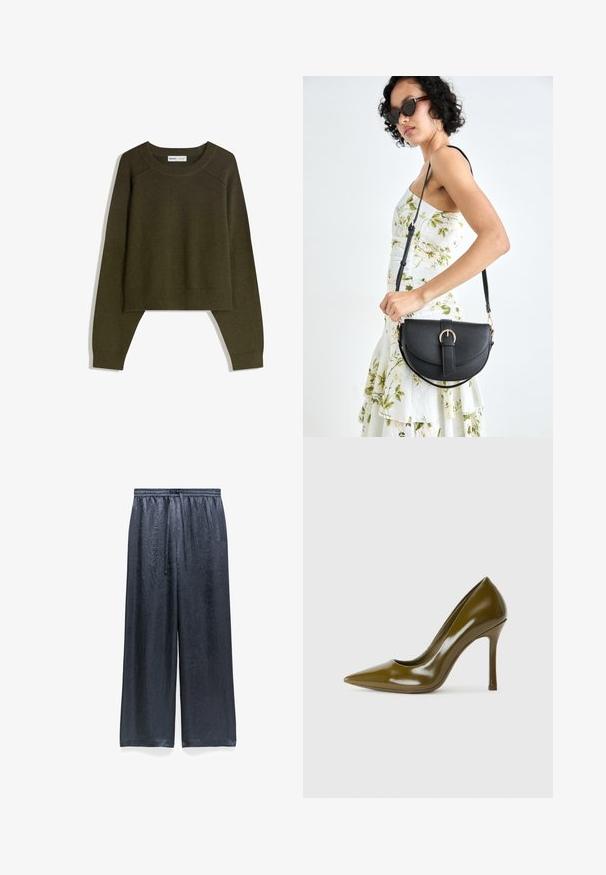 Olijfgroene cropped trui gemaakt van een zachte, gestructureerde stof. Voorzien van lange mouwen en een afgeronde halslijn met geribbelde accenten aan de zoom.; Wijde broek gemaakt van textiel met een glanzend zwart materiaal. Beschikt over een elastische tailleband met een trekkoord en heeft een ontspannen pasvorm.; Olijfgroene gepatineerde leren hoge hakken met een puntige neus, een gladde textuur en een slanke silhouette. 10 cm stilettohak.; Zwarte leren handtas met een gebogen vorm, afneembare schouderband en gouden hardware. De tas heeft een klep met een gespsluiting.