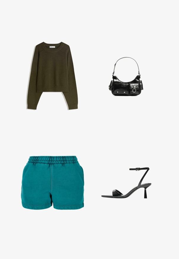 Olívazöld, rövid fazonú pulóver, puha, texturált anyagból készült. Hosszú ujjakkal és kerek nyakkivágással rendelkezik, bordázott szegéllyel a szegélyén.; Teal színű pamut rövidnadrág, elasztikus derékkal, oldalsó zsebekkel és steppelt szegéllyel. Simább textúra és laza stílus.; Bershka Magas sarkú szandálok - black; Fekete lakkbőr kézitáska ívelt formával, egy vállpánttal, elülső zsebekkel és ezüstszínű fémrészletekkel.